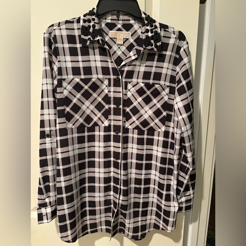Michael Kors Plaid Button Down Blouse Embellished Collar Black White S